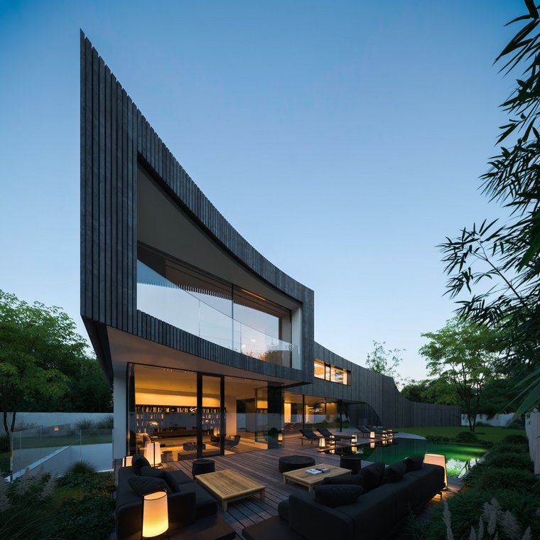 Architectural visualization Gardenstraße – modern urban villa with clean lines, large glass facades and atmospheric exterior lighting at sunset.