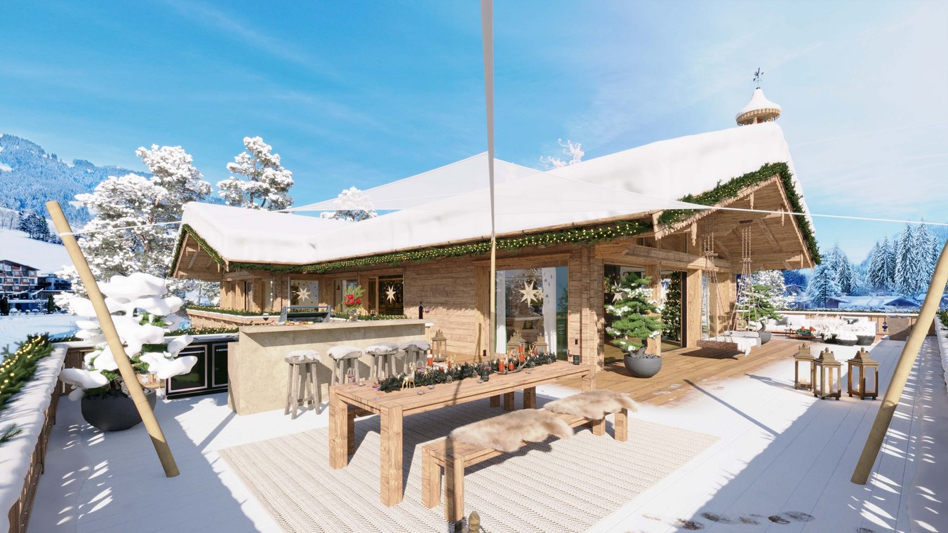 3D Visualisierung einer verschneiten Chalet-Terrasse in Kitzbühel, dekoriert mit Lichterketten, Holzmöbeln und Alpenpanorama.