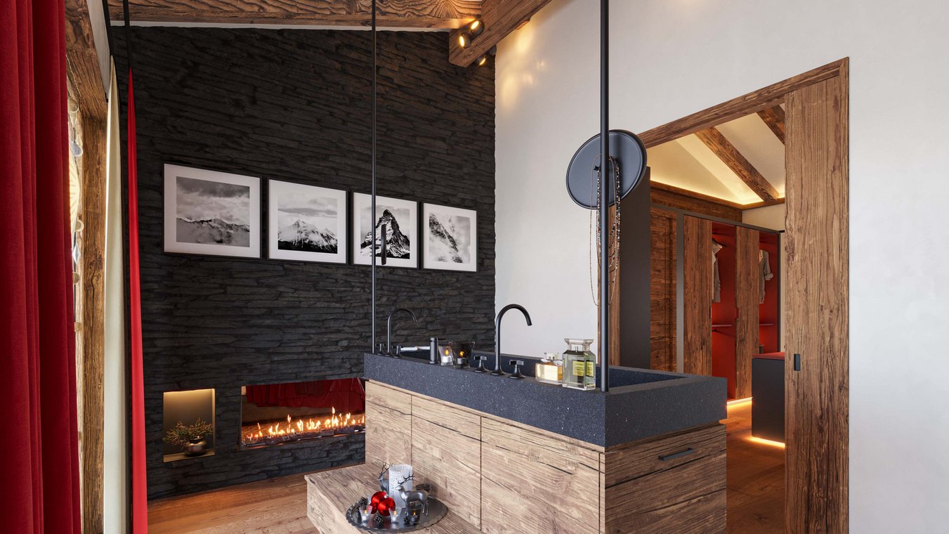 3d visualisierung eines eleganten Badezimmers mit schwarzer Steinwand, Kamin und moderner Waschtischgestaltung.