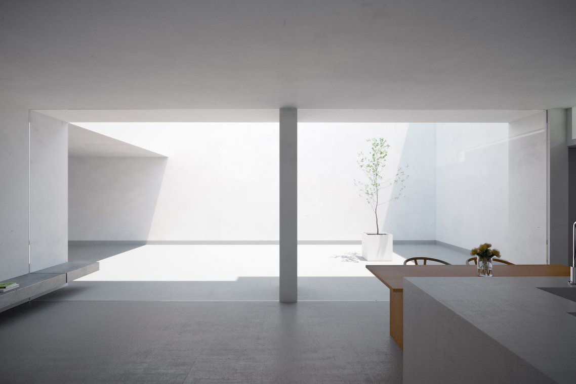 3D Visualization view from the living space into the open patio of the White Cave House, minimalist architecture with light and shadow play.