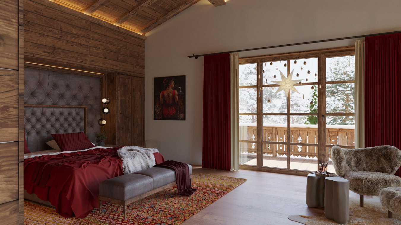 3d visualisierung eines gemütlichen Schlafzimmers mit Holzwänden, rotem Vorhang, Stern-Dekoration und Balkonblick in Kitzbühel.