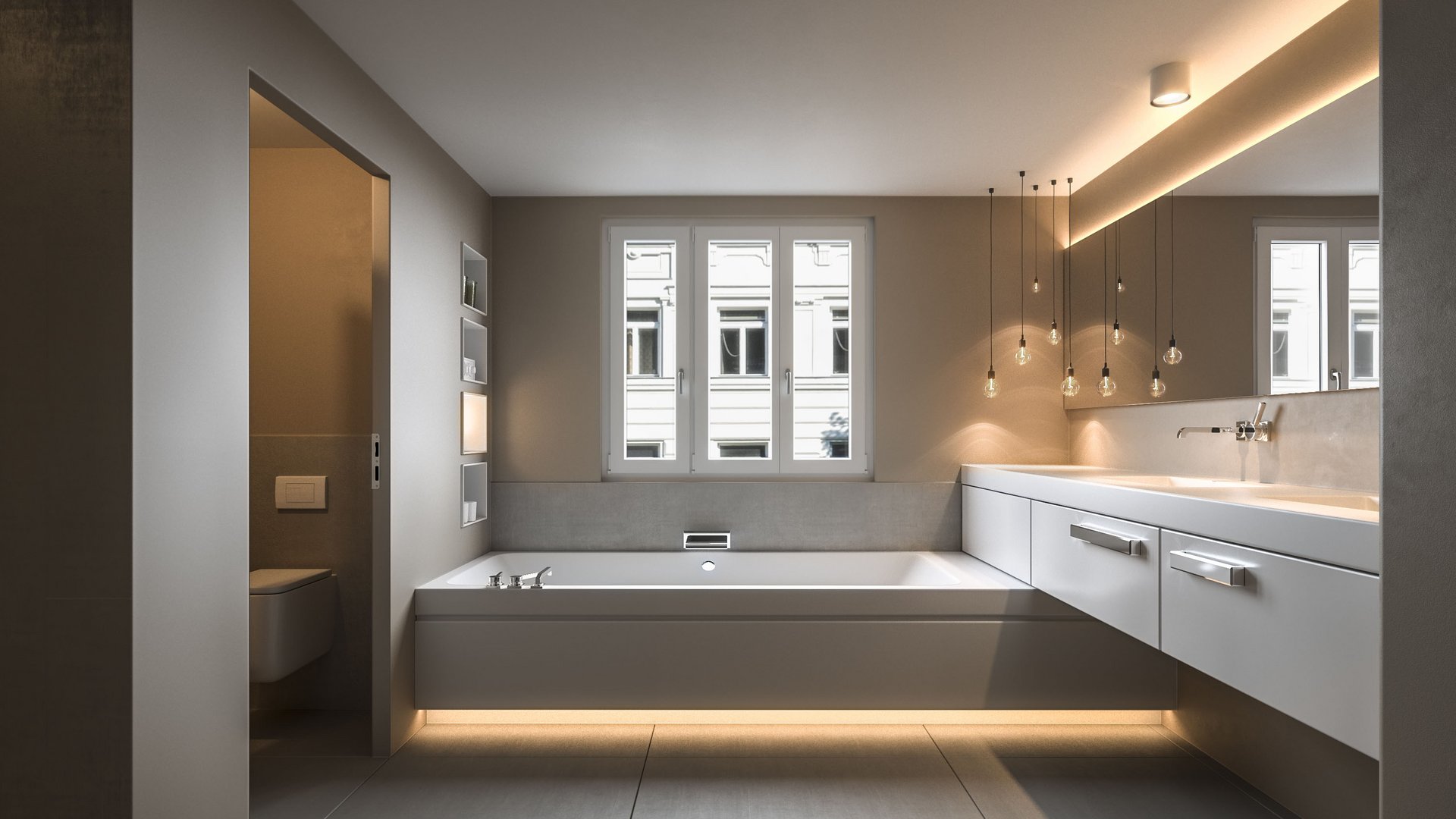 Architectural visualization of a modern bathroom in Frankfurt with a large bathtub, floor-to-ceiling windows, and stylish lighting – 3D visualization by gmsvision.