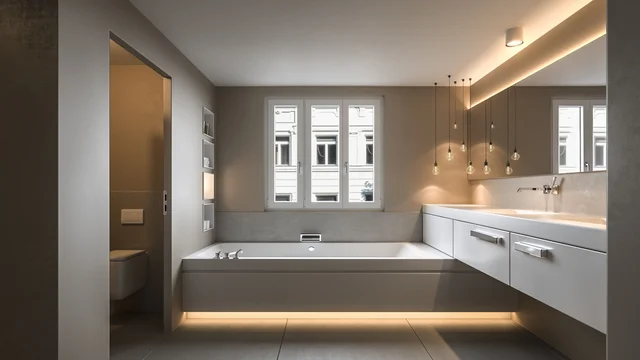 Architekturvisualisierung modernes Bad in Frankfurt mit großer Badewanne, bodentiefen Fenstern und stilvoller Beleuchtung – 3D Visualisierung von gmsvision.