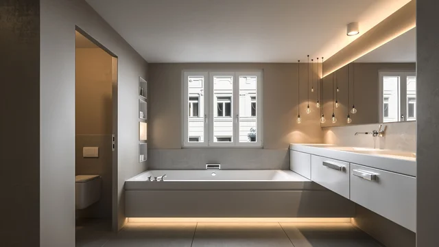 Αρχιτεκτονικός φωτορεαλισμός σύγχρονου μπάνιου στη Φρανκφούρτη με μεγάλη μπανιέρα, παράθυρα έως το πάτωμα και κομψό φωτισμό – 3D απεικόνιση από την gmsvision.