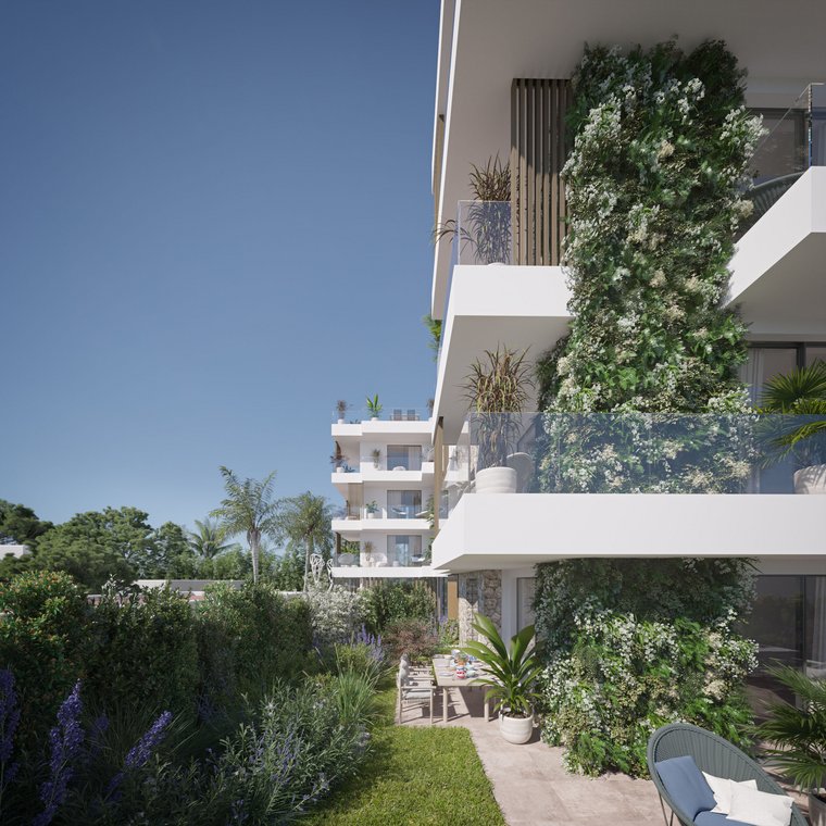 Side view of modern terraces with vertical greenery and panoramic views, realistic 3D Visualization by gmsvision