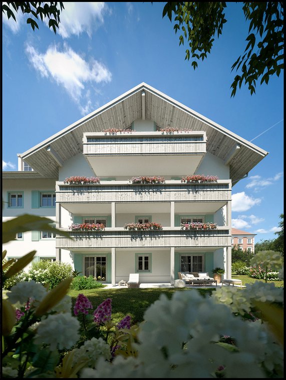 Architectural Visualization of a multi-family residence with a pitched roof, wooden balcony cladding, and flower boxes, surrounded by lush gardens.