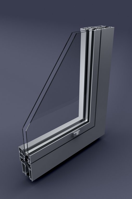 3D Visualization of a modern Aluprof aluminum window profile with triple glazing, realistically rendered on a grey background.