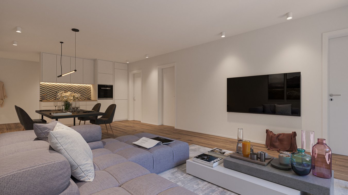 Wohnzimmer mit offener Küche, Essbereich und moderner Beleuchtung, realistische 3d visualisierung von gmsvision