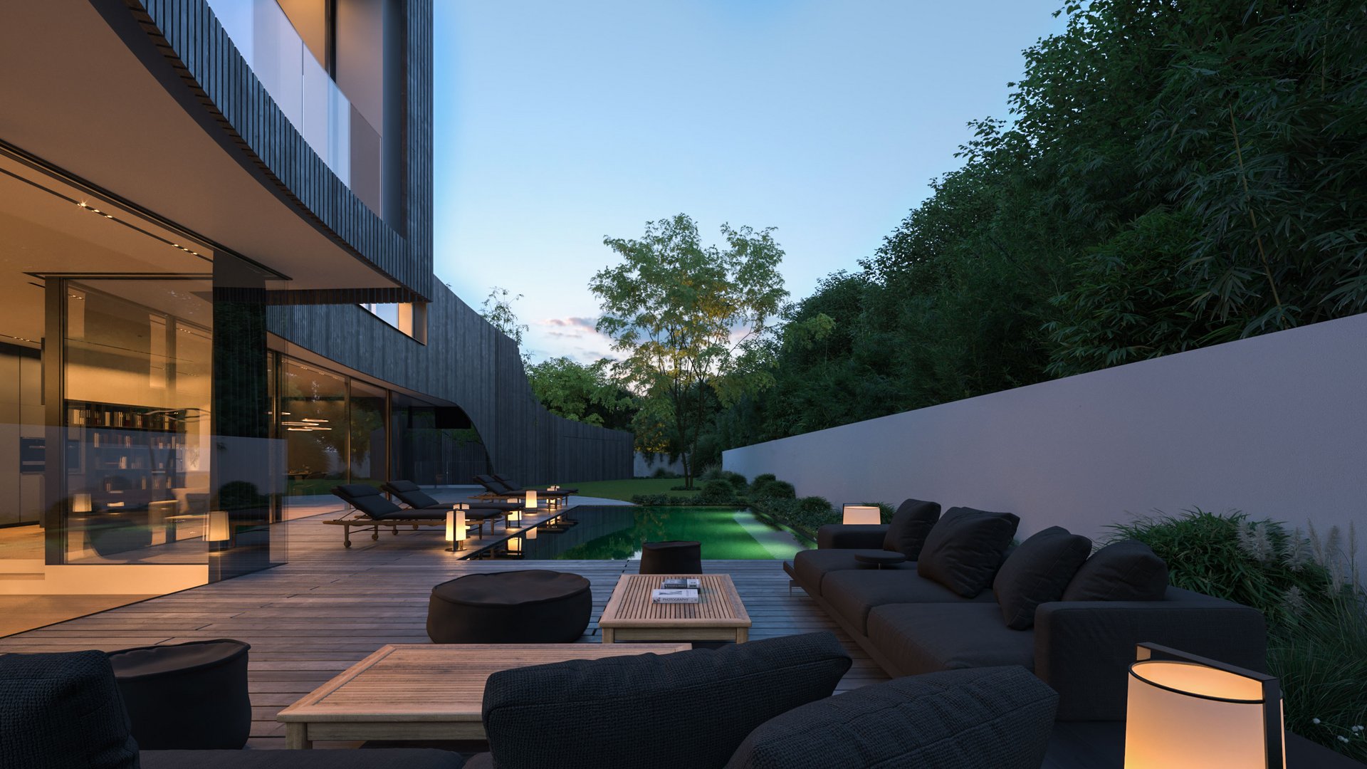 Architectural visualization Gardenstraße – modern urban villa with striking facade, floor-to-ceiling windows and lush garden area.