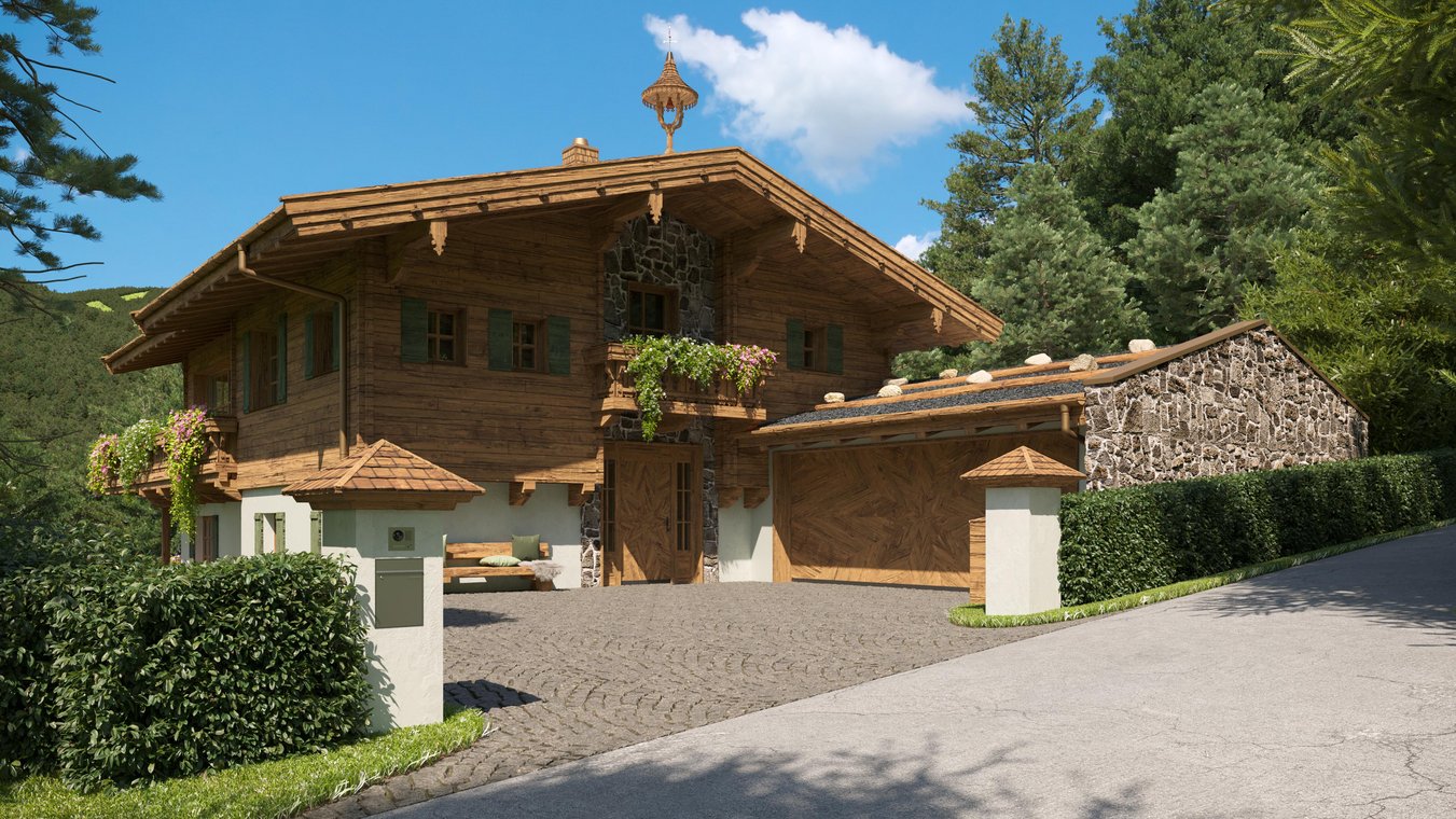 3d visualisierung der Eingangsfassade eines Chalets in Kitzbühel mit aufwendig gestaltetem Holztor, Natursteinmauern und alpinem Charakter – erstellt von gmsvisio