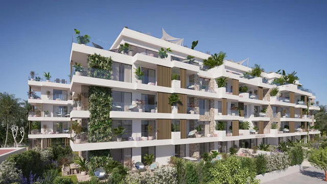 Modern apartment complex with lush green terraces and stone façade, detailed 3D Visualization by gmsvision