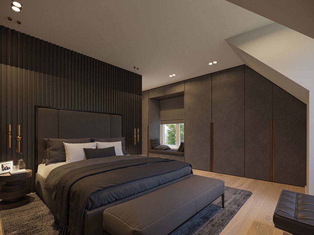 Schlafzimmer in dunklen Tönen mit großem Bett und Einbauschränken, detailgetreue 3d visualisierung von gmsvision