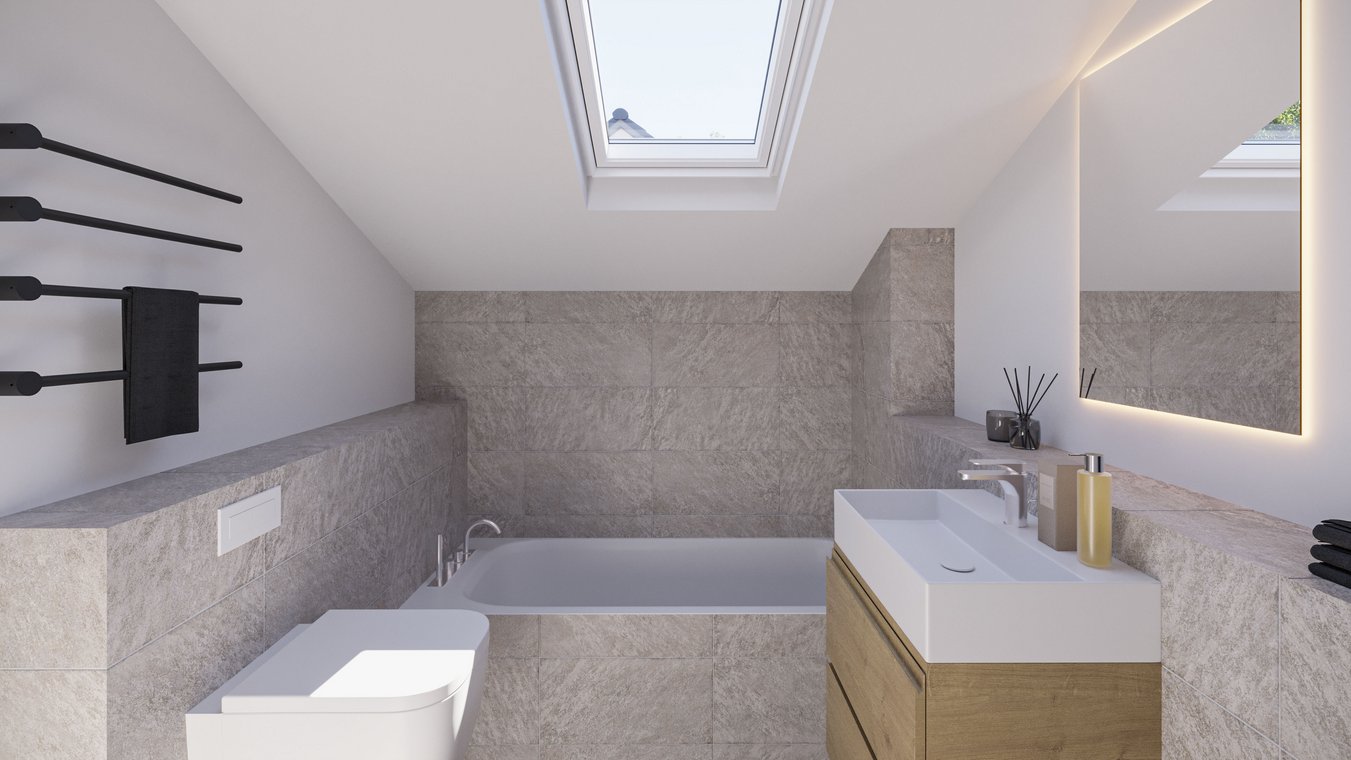 3D Architekturvisualisierung eines eleganten Badezimmers mit Dachfenster, moderner Badewanne und beleuchtetem Spiegel, von gmsvision.