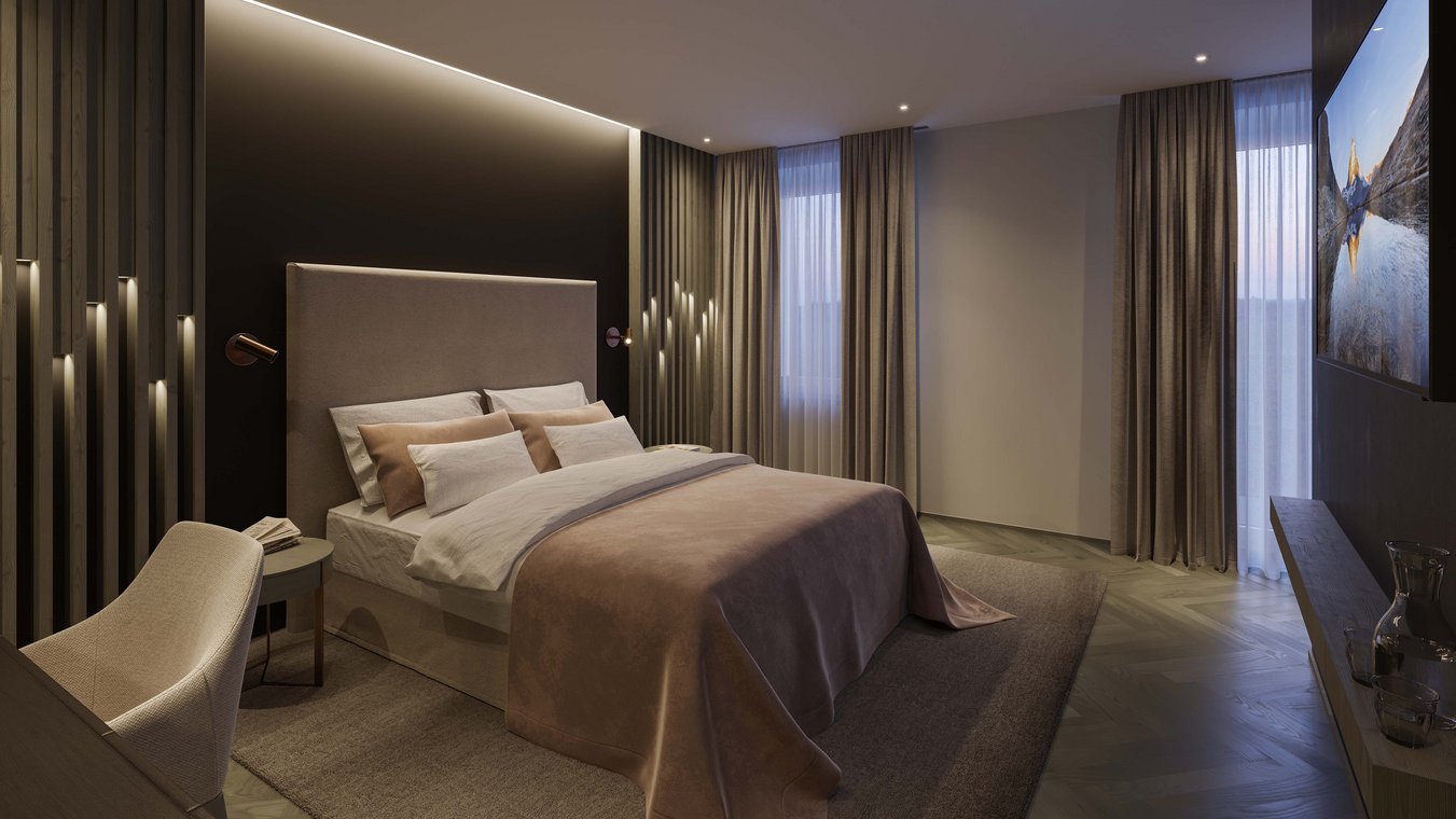 Architekturvisualisierung eines luxuriösen Hotelbetts mit warmen Farben, weichen Textilien und eleganter Beleuchtung.