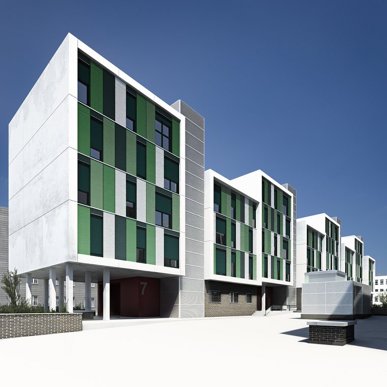 Architectural Visualization of modern social housing in Spain, featuring green facade panels, clean lines, and a minimalist design.