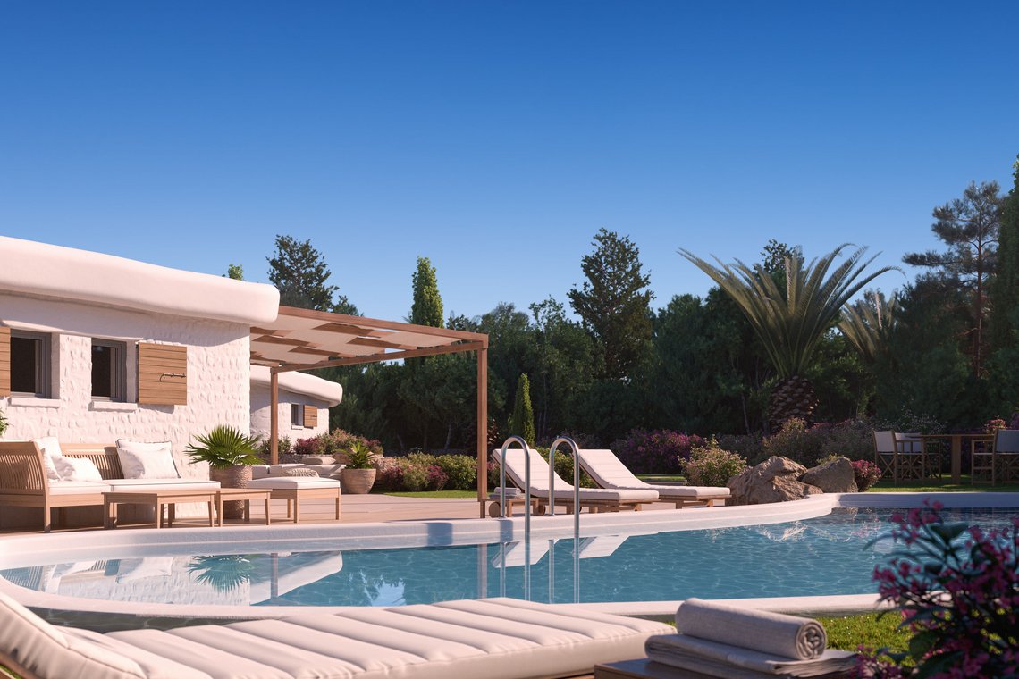 3D Visualization of a modern swimming pool with sun loungers, Mediterranean greenery, and a traditional white villa in the background.