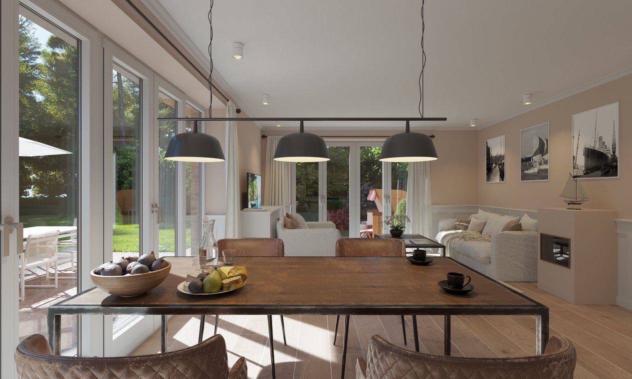 Architekturvisualisierung eines hellen Essbereichs mit rustikalem Holztisch, großen Fenstern und Blick ins Wohnzimmer.