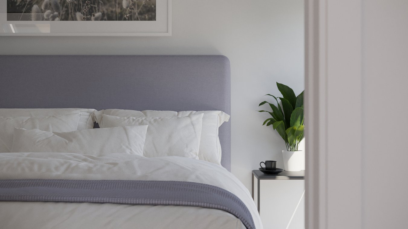 Detailaufnahme eines Schlafzimmers mit Bett, Kopfteil und grüner Pflanze, hochwertige 3d visualisierung von gmsvision