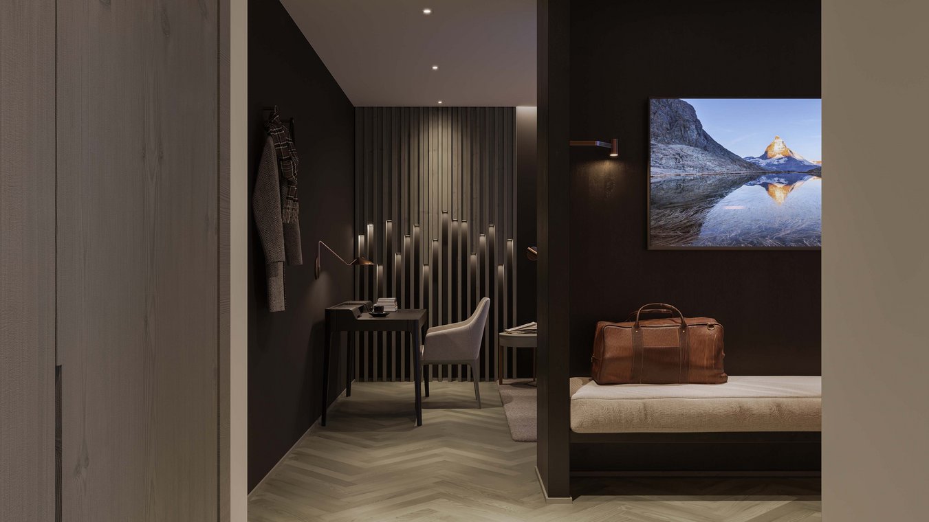 Architekturvisualisierung eines stilvollen Arbeitsbereichs im Hotel, mit Schreibtisch, Stuhl und Wandverkleidung.