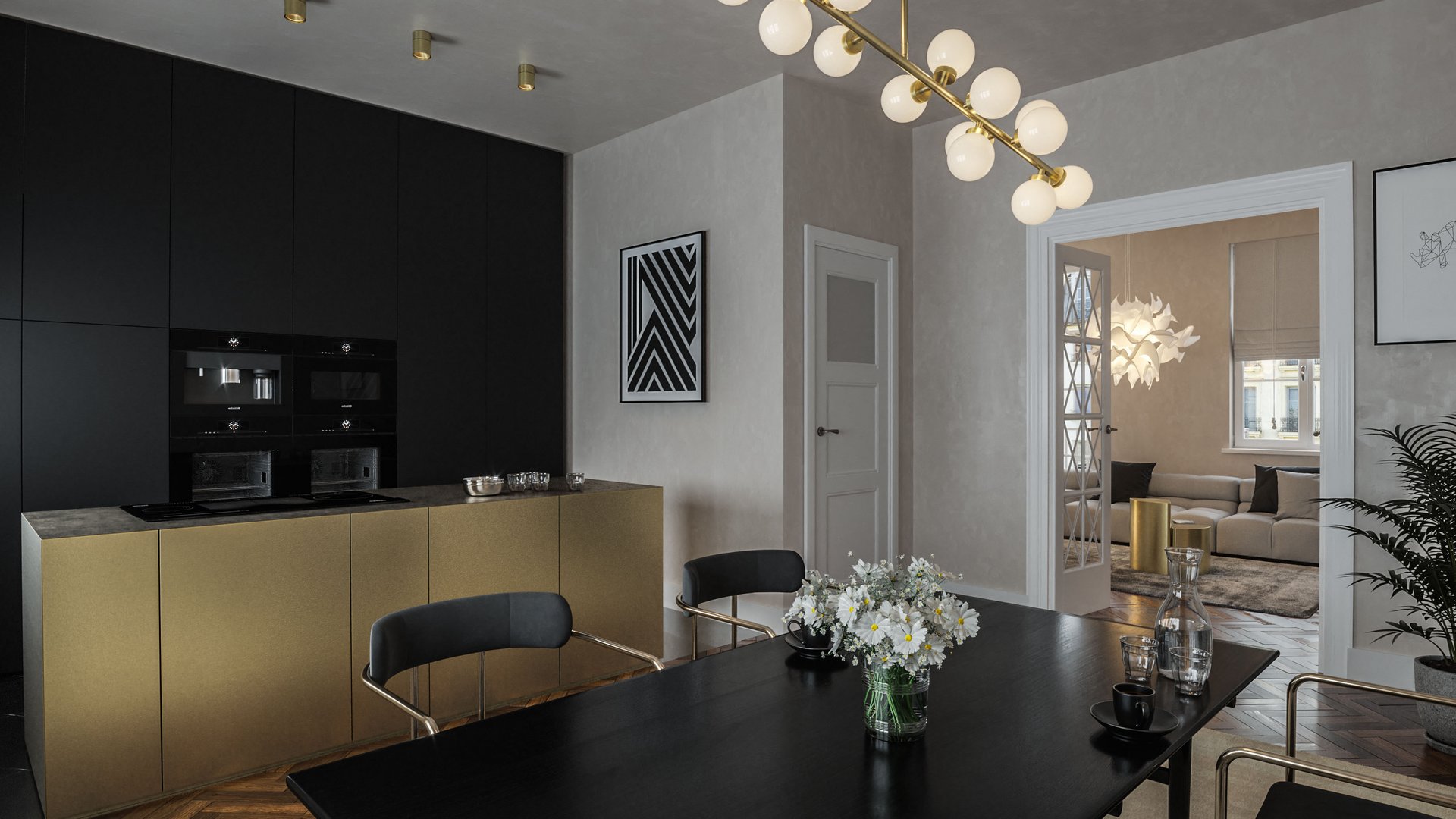 3D Architekturvisualisierung einer modernen Küche mit schwarzen Schränken, goldener Kücheninsel und stilvollem Essbereich in Hamburg, Innenraumgestaltung mit eleganter Pendelleuchte.