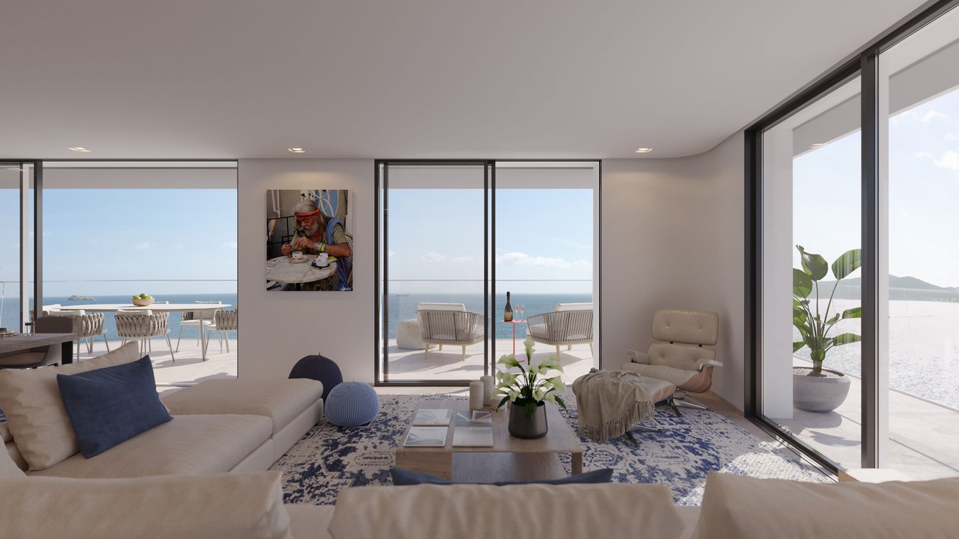 Innenraum 3d visualisierung einer luxuriösen Wohnung auf Ibiza mit offener Gestaltung, großen Glasfronten und Blick auf das Meer.