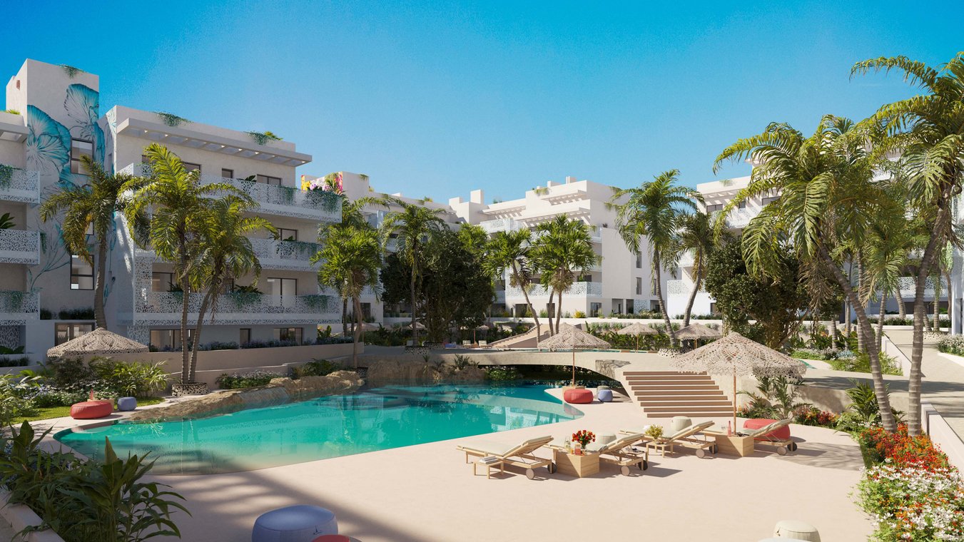 3d visualisierung der luxuriösen Wohnanlage CREO Ibiza mit tropischem Poolbereich, eleganten weißen Gebäuden, Palmen und sonnigen Liegeflächen im Resort-Stil