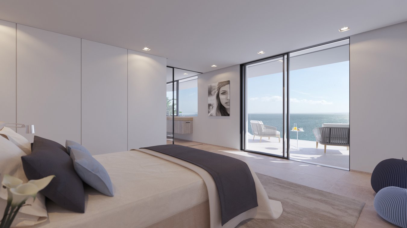 3d visualisierung eines eleganten Schlafzimmers in Ibiza mit minimalistischem Design, Balkon und Panoramablick auf das Meer.