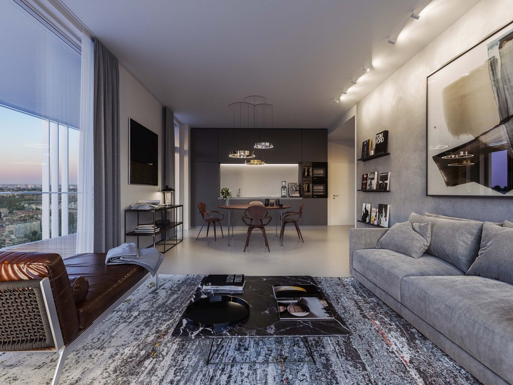 Modernes Wohnzimmer im The Molecules Berlin mit grauem Sofa, abstraktem Wandbild, offenem Essbereich und Panoramablick auf die Stadt durch große Fenster, hochwertige 3d visualisierung von gmsvision.