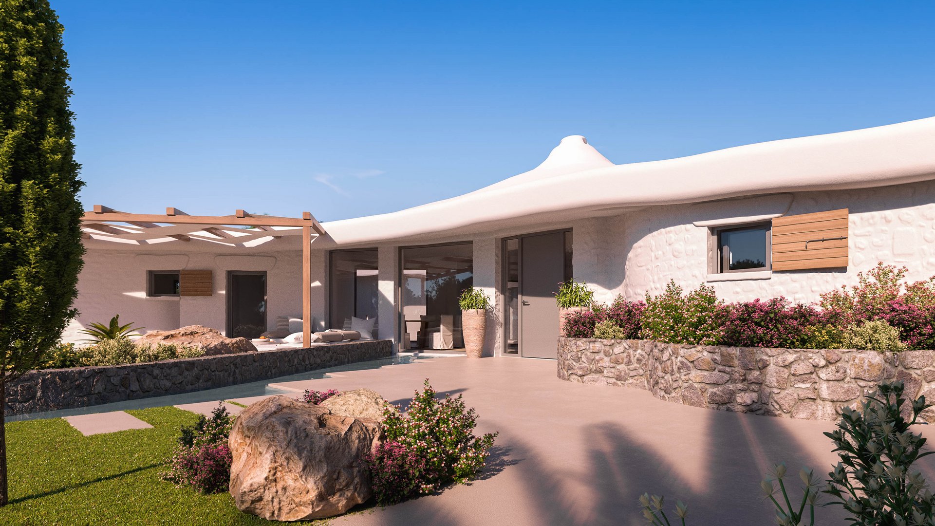 3D Visualization of a Mediterranean villa in Sardinia with a curved white roof, stone walls, colorful flower beds, and a sunny courtyard.