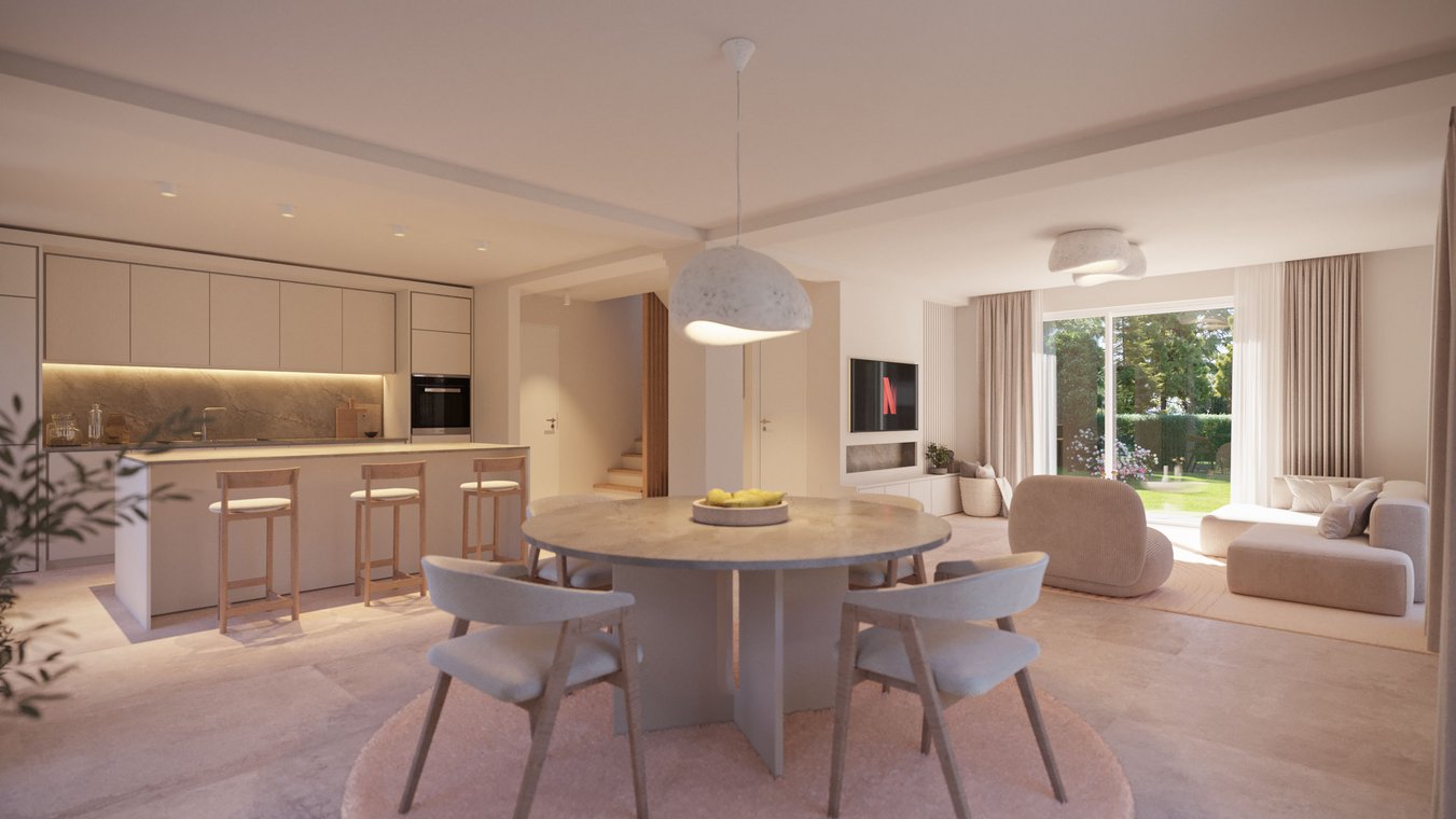 3D rendering single-family house Hannover – open kitchen with cooking island, dining area and modern furniture