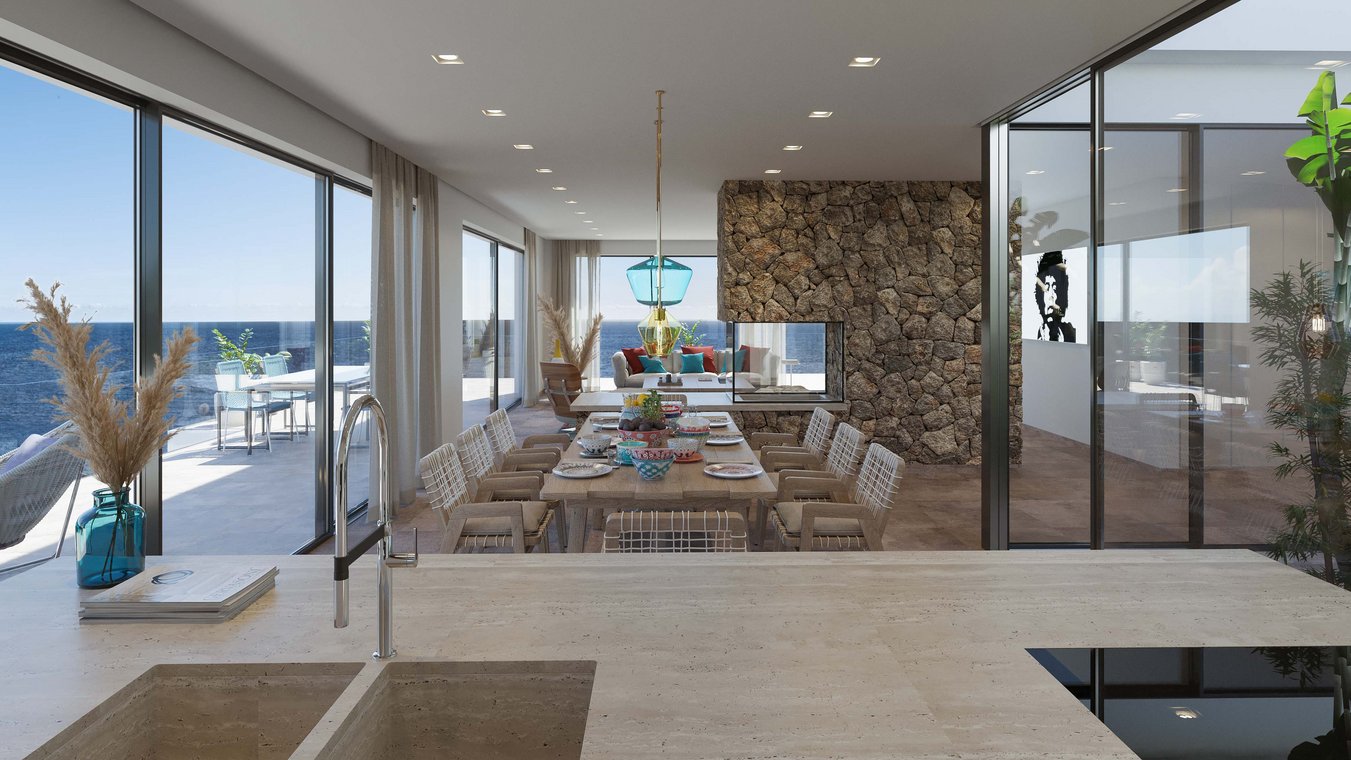 Elegant dining and living area with ocean view through glass walls, modern 3D Visualization by gmsvision