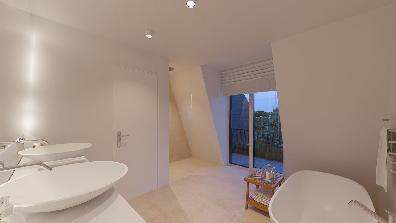 3D architectural visualization by gmsvision of a modern bathroom with freestanding bathtub, double sinks, walk-in shower, and balcony view at dusk.