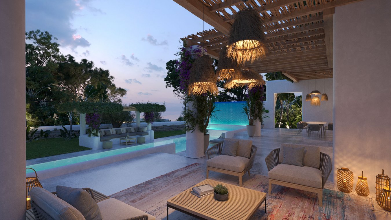 Architekturvisualisierung einer abendlichen Pool-Lounge mit mediterranen Leuchten, gemütlichen Sesseln und entspannter Atmosphäre.