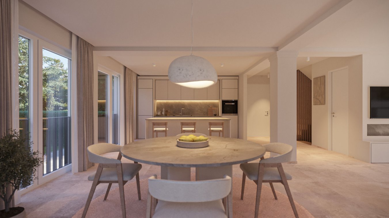 Interior visualization single-family house Hannover – modern dining area with round table, designer lamp and kitchen view