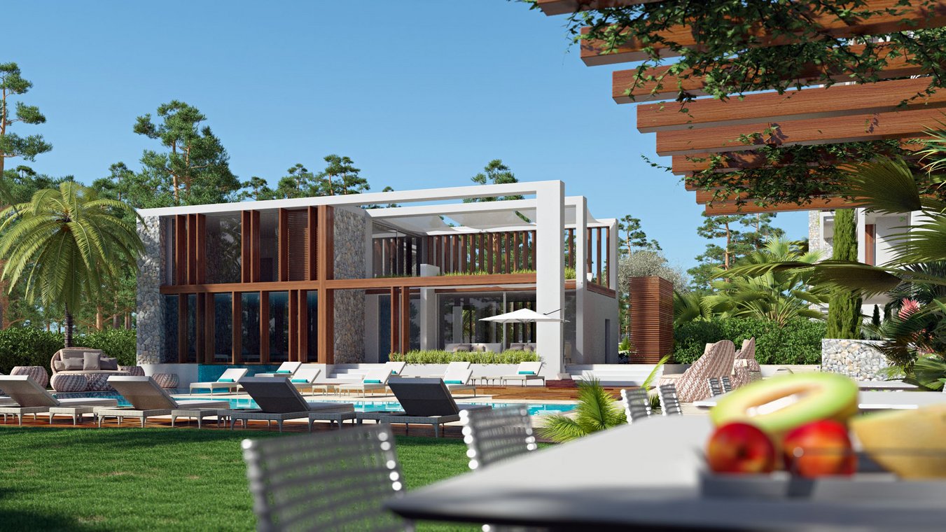 3D-Visualisierung moderner Poolbereich in Portals Nous Mallorca mit exklusiver Villa, Sonnenliegen und Palmen.