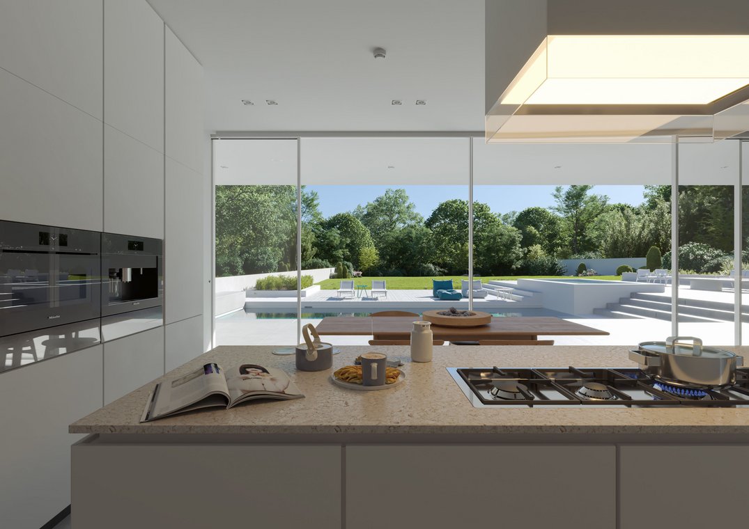 Fotorealistische architekturvisualisierung einer modernen Küche mit Blick auf Pool und Garten im Designhaus CUBUS von gmsvision.