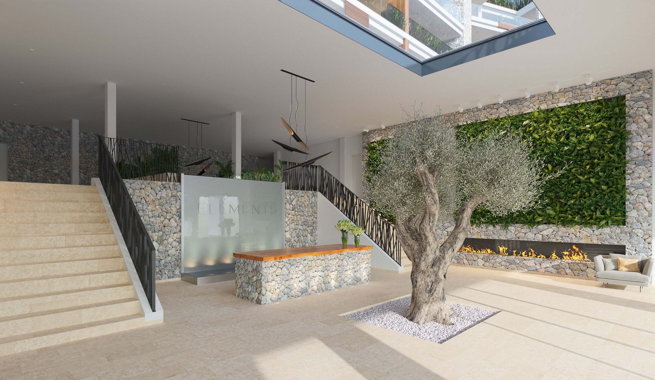 3D-Visualisierung luxuriöse Lobby in Portals Nous Mallorca mit Olivenbaum, Natursteinwand und modernem Kamin.