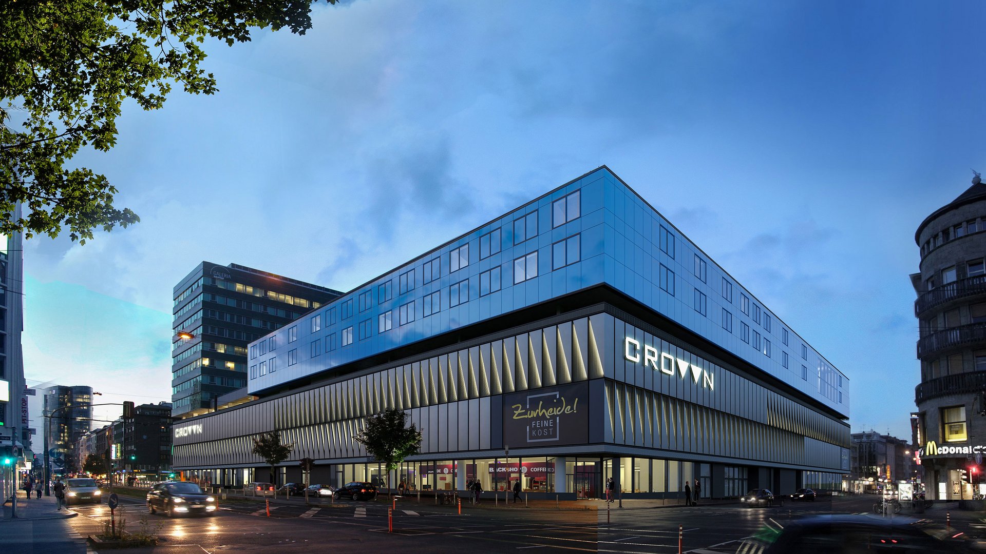 Architectural Visualization of the Crown Düsseldorf building at dusk, featuring illuminated glass façade, glowing signage, and vibrant city atmosphere.