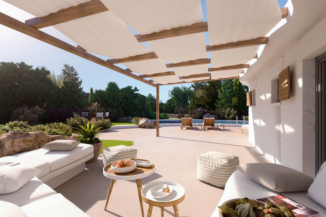 3D Visualization of an open terrace with a wooden pergola, white fabric shades, cozy lounge furniture, and a view of the garden.