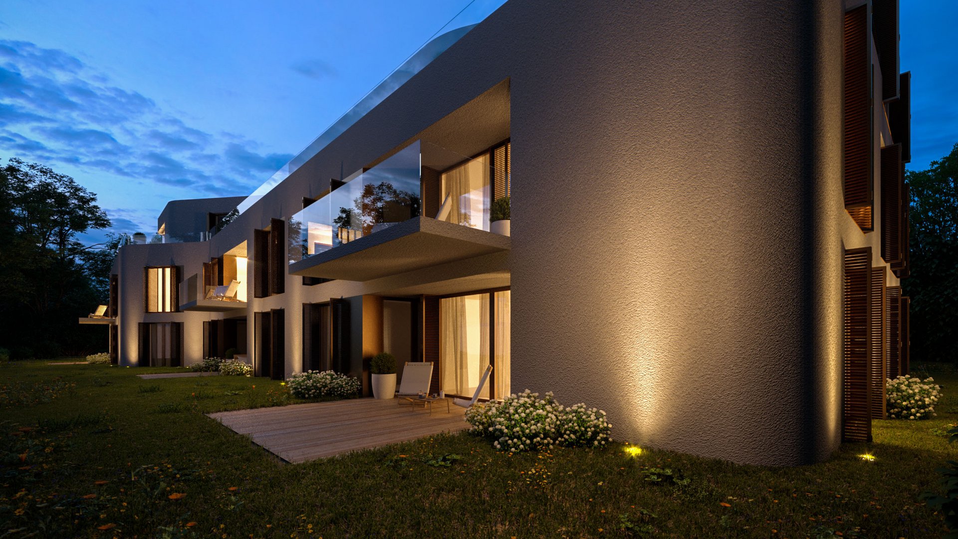 3D Visualisierung eines modernen Wohngebäudes in der Benediktenwandstraße Berlin bei Abenddämmerung