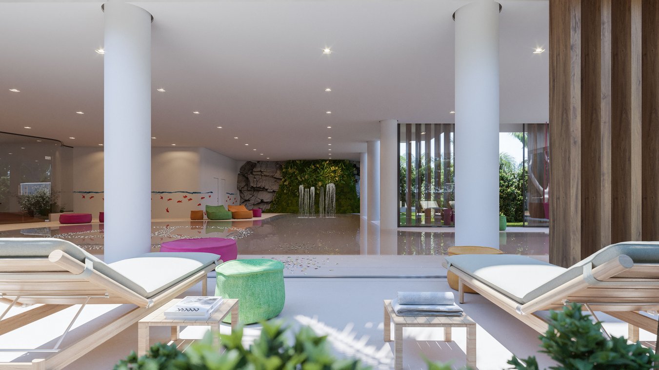 Wellness area with loungers by the indoor pool, view of waterfall and green wall, impressive 3D Visualization by gmsvision