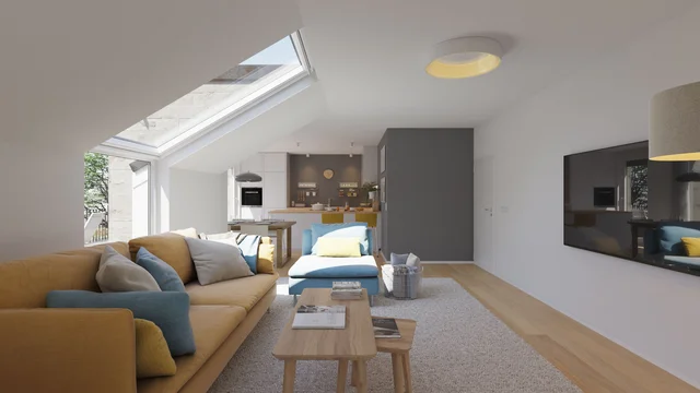 Modern furnished living room with sloping ceiling and large skylight, 3D visualization Salinenstraße Erfurt.
