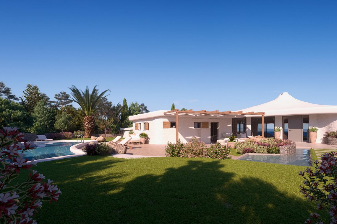3D Visualization of a Sardinian villa with a spacious garden, palm trees, pool area, and harmonious Mediterranean architecture.