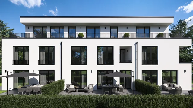Architectural visualization of a modern residential complex in Munich-Pasing, with multiple three-story buildings, sleek balconies, and landscaped green surroundings.