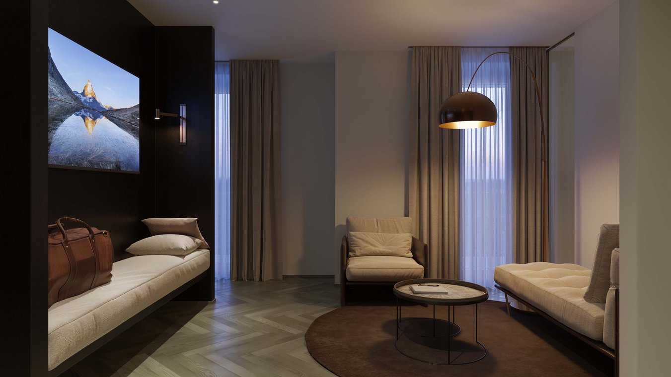 architekturvisualisierung einer gemütlichen Hoteleinrichtung mit Sofa, Sesseln und moderner Stehlampe.