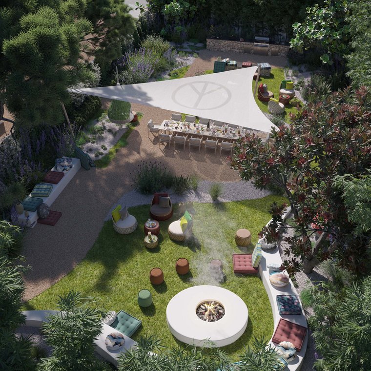 Cozy garden with seating areas, fire pit, and canopy with peace symbol, inspiring 3D Visualization by gmsvision