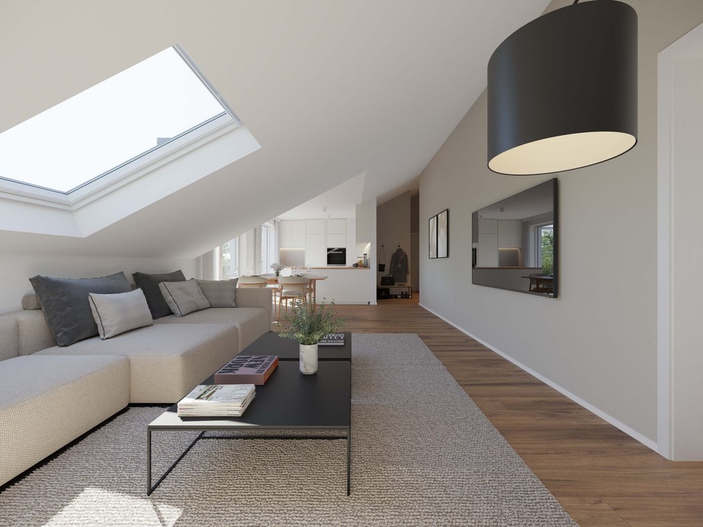 3D Visualisierung eines hellen Wohnzimmers im Dachgeschoss mit gemütlichem Sofa, großen Dachfenstern und offener Raumgestaltung.