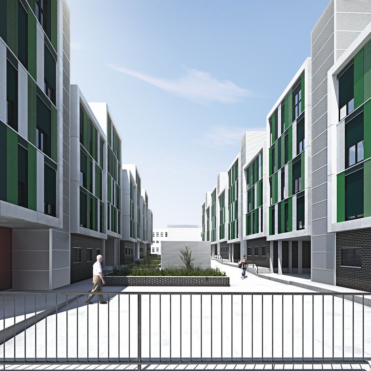 Architectural Visualization of a bright courtyard between modern social housing blocks with green facades in Spain.