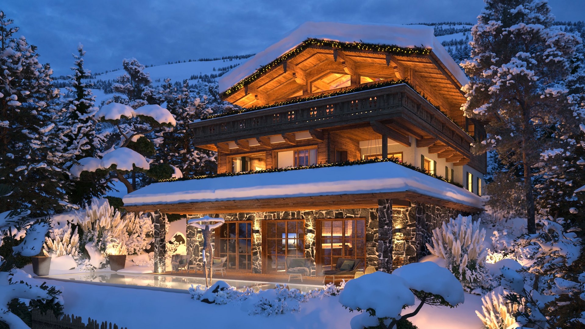 Faszinierende 3d visualisierung eines traditionellen Chalets im Winter, beleuchtet mit warmen Lichtern und umgeben von verschneiten Bäumen