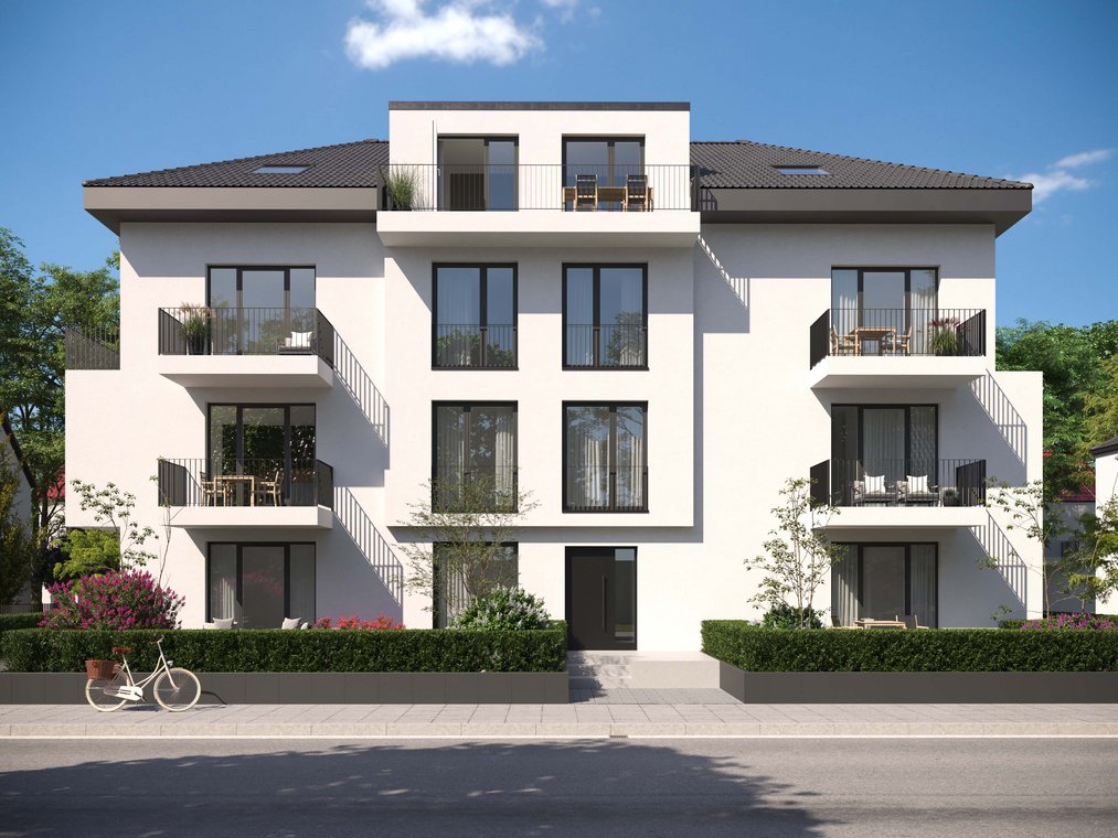 3D Visualisierung eines eleganten Wohngebäudes in Offenbach mit moderner Architektur, dunklem Dach und begrünten Außenbereichen entlang der Straße.